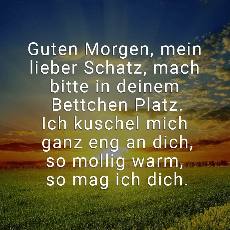 Guten Morgen, mein lieber Schatz,
mach bitte in deinem Bettchen Platz.
Ich kuschel mich ganz eng an dich,
so mollig warm, so mag ich dich.