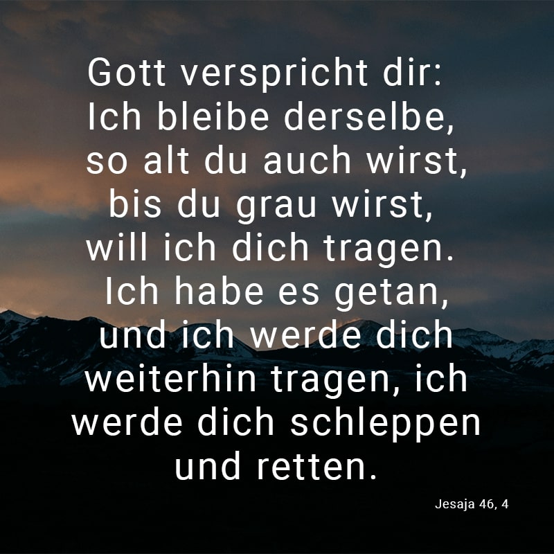 Gott verspricht dir: Ich bleibe derselbe, so alt du auch wirst, bis du grau wirst, will ich dich tragen. Ich habe es getan, und ich werde dich weiterhin tragen, ich werde dich schleppen und retten.
(Jesaja 46, 4)