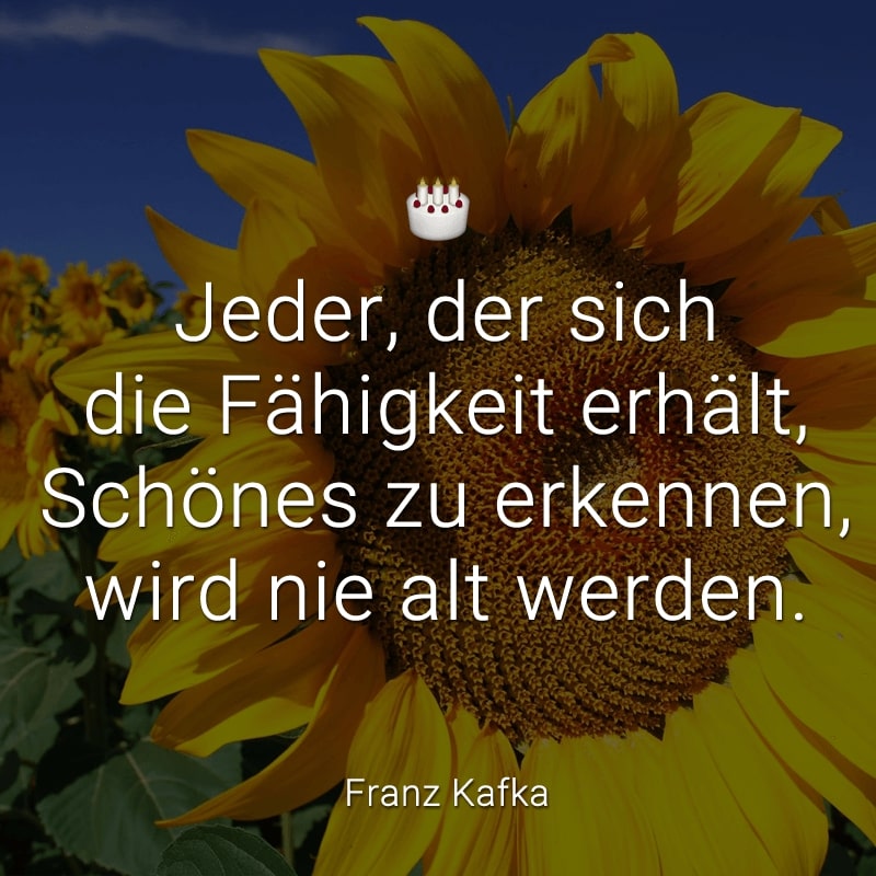 Jeder, der sich die Fähigkeit erhält, Schönes zu erkennen, wird nie alt werden.
(Franz Kafka)