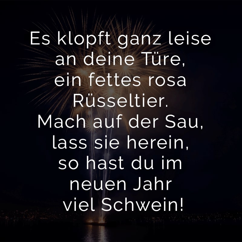 Es klopft ganz leise an deine Türe, ein fettes rosa Rüsseltier. Mach auf der Sau, lass sie herein, so hast du im neuen Jahr viel Schwein!