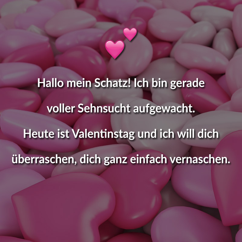 Hallo mein Schatz! Ich bin gerade voller Sehnsucht aufgewacht. Heute ist Valentinstag und ich will dich überraschen, dich ganz einfach vernaschen.